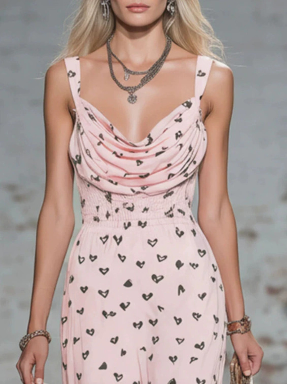 H&M   Elegant Draped Neckline Ruffle Heart Shaped Silk Midi Dress